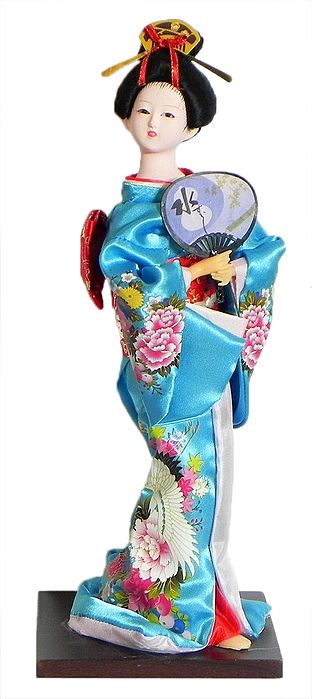 Japanese Geisha Doll in Printed Cyan Blue Kimono Dress Holding Fan