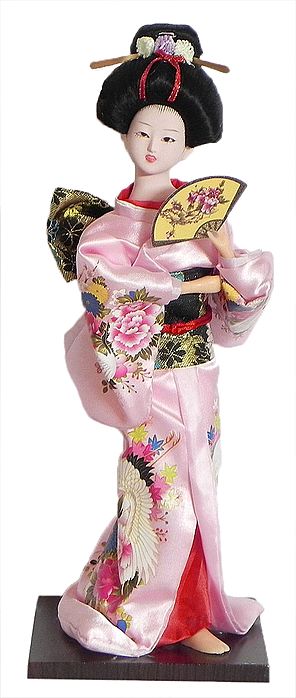Japanese Geisha Doll in Printed Light Pink Kimono Dress Holding Fan
