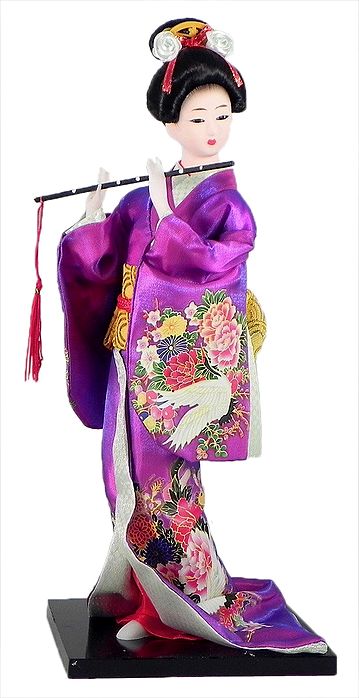 Japanese Doll in Kimono Dress Holding Flute - 12 x 4.5 x 4.5 inches