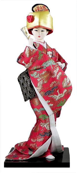 Japanese Doll in Kimono Dress Holding Fan - 12x4.5x4.5 inches