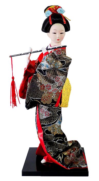 Japanese Doll in Brocade Kimono Dress Holding Flute