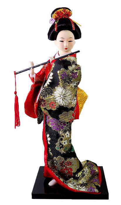 Japanese Doll in Multicolor Kimono Dress Holding Flute