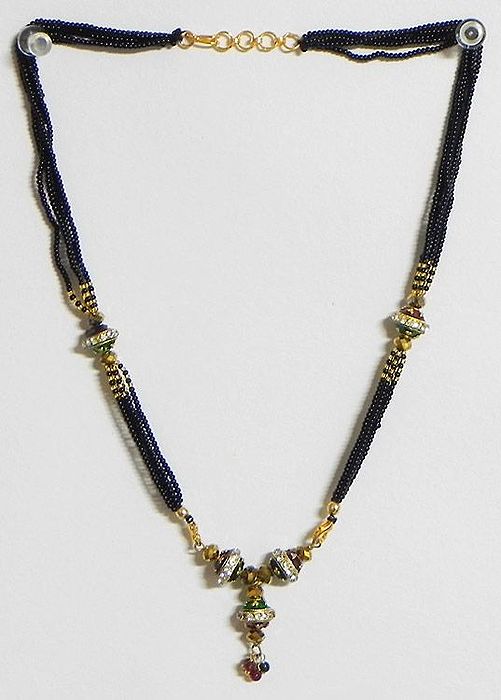 Black Beaded Mangalsutra with White Stone Studded Pendant