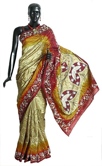 Pale Brown Silk Saree from Kolkata with Ari Stitch and Sequin ...