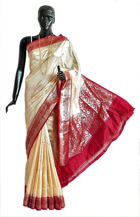 Banarasi White Koriyal Katan Silk Saree with All-Over Red Boota, Border ...