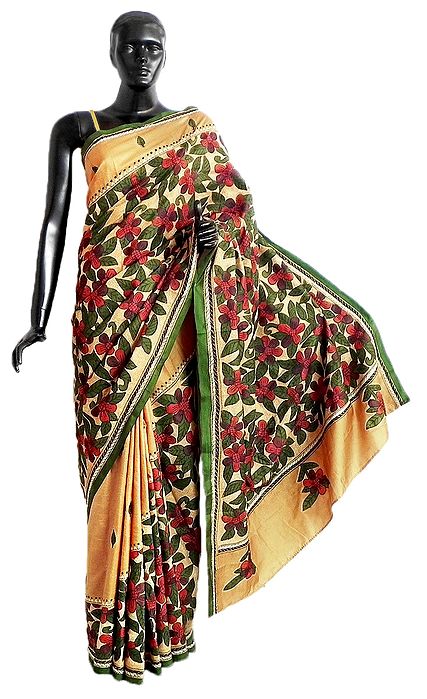 Appliqued Pure Silk Saree with Kantha Stitch