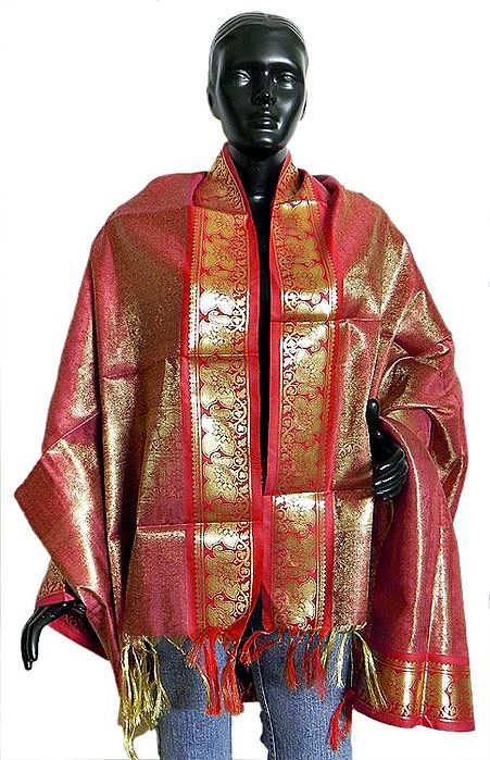 Gorgeous Red Pure Silk Banarasi Stole with All over Weaved Zari and Border