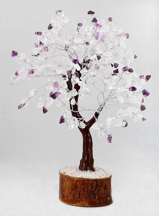 300 Amethyst and Crystal Quartz Stone Chips Wire Tree